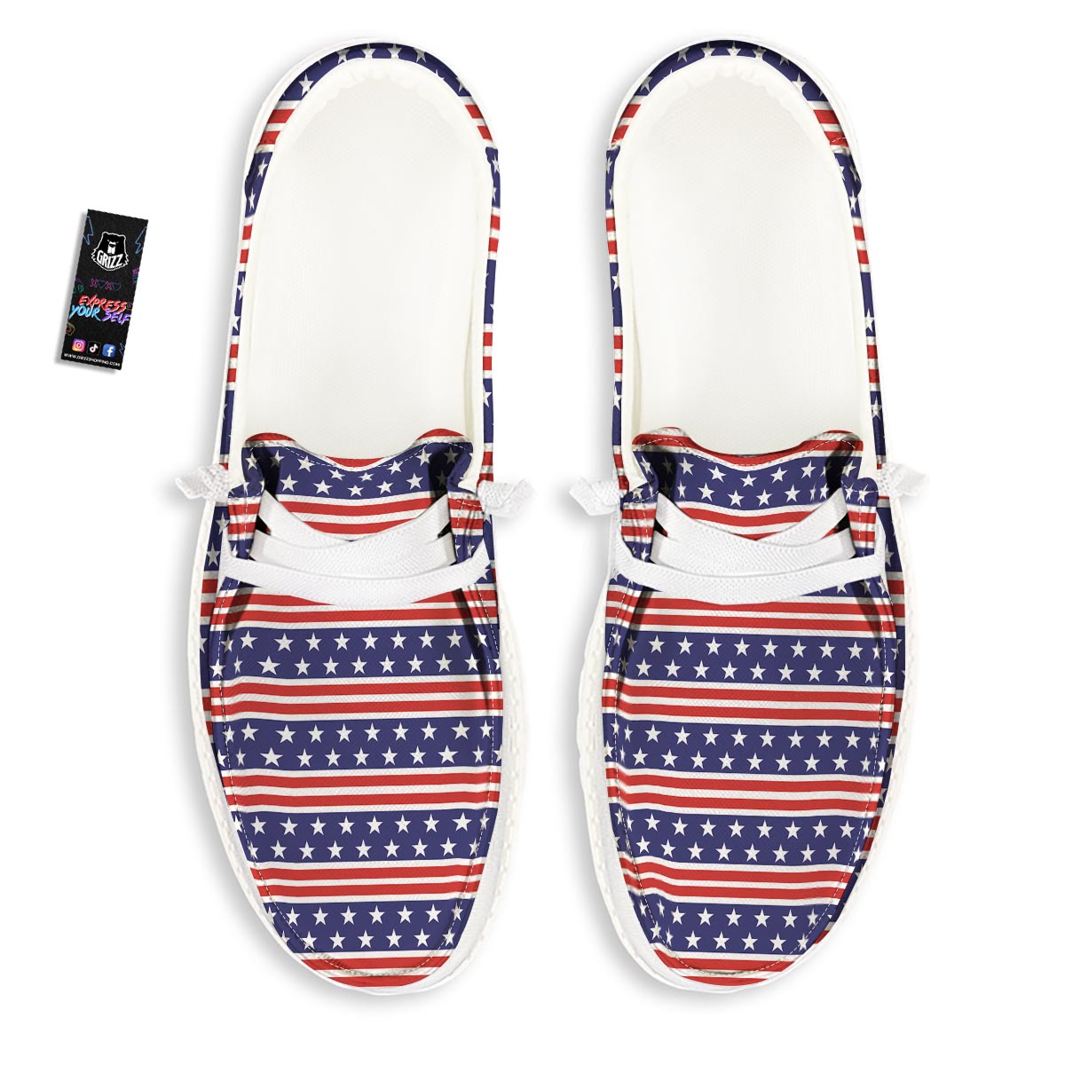 USA Star Red Striped Print Pattern Black Loafers-grizzshop