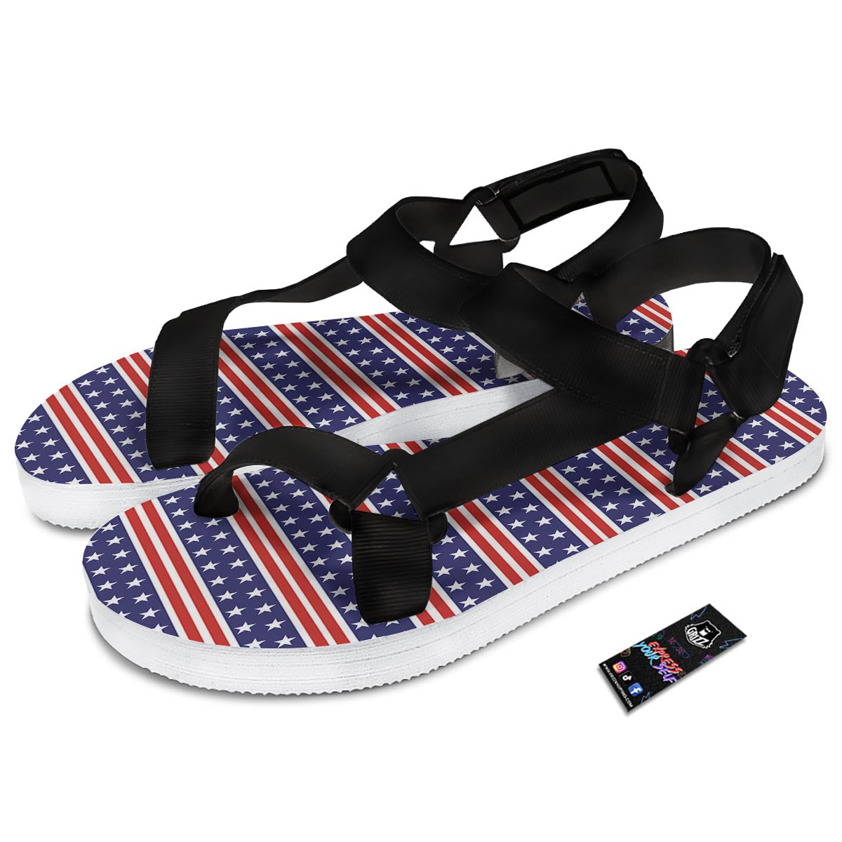 USA Star Red Striped Print Pattern Black Open Toe Sandals-grizzshop