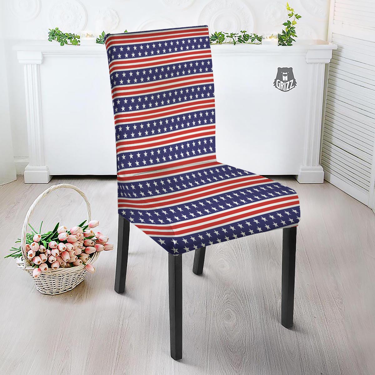 USA Star Red Striped Print Pattern Dining Chair Slipcover-grizzshop