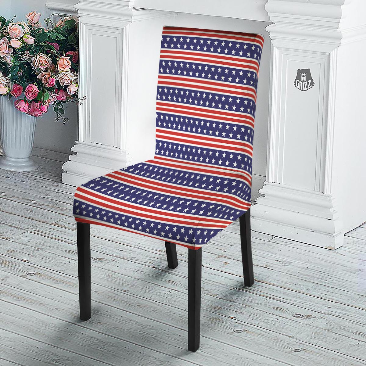 USA Star Red Striped Print Pattern Dining Chair Slipcover-grizzshop