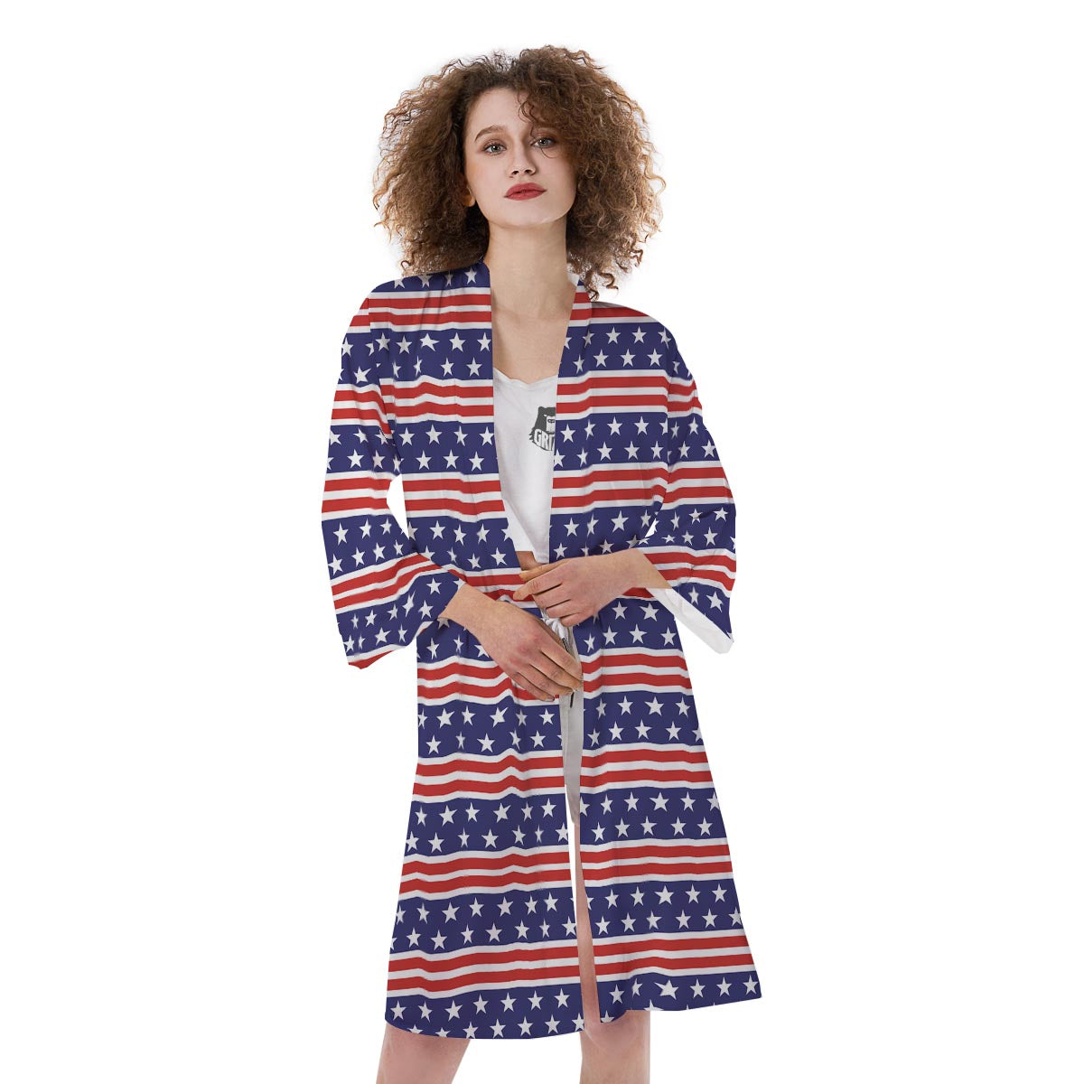 USA Star Red Striped Print Pattern Kimono-grizzshop