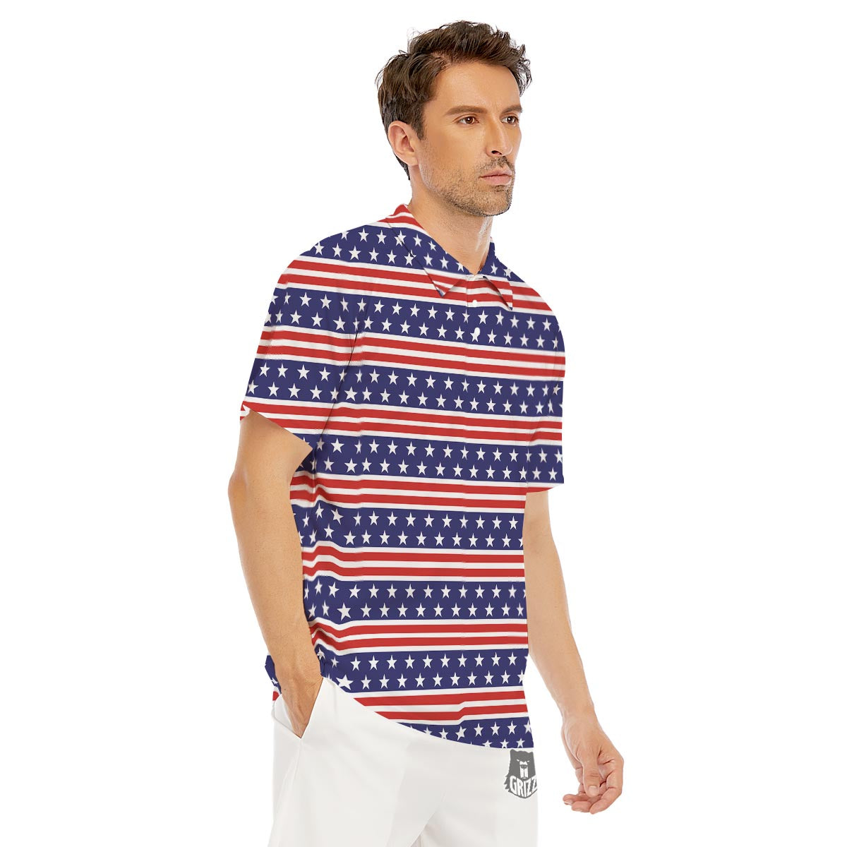 USA Star Red Striped Print Pattern Men's Golf Shirts-grizzshop