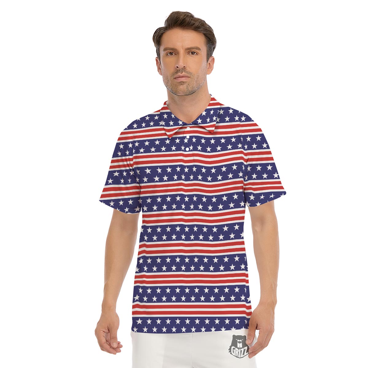 USA Star Red Striped Print Pattern Men's Golf Shirts-grizzshop