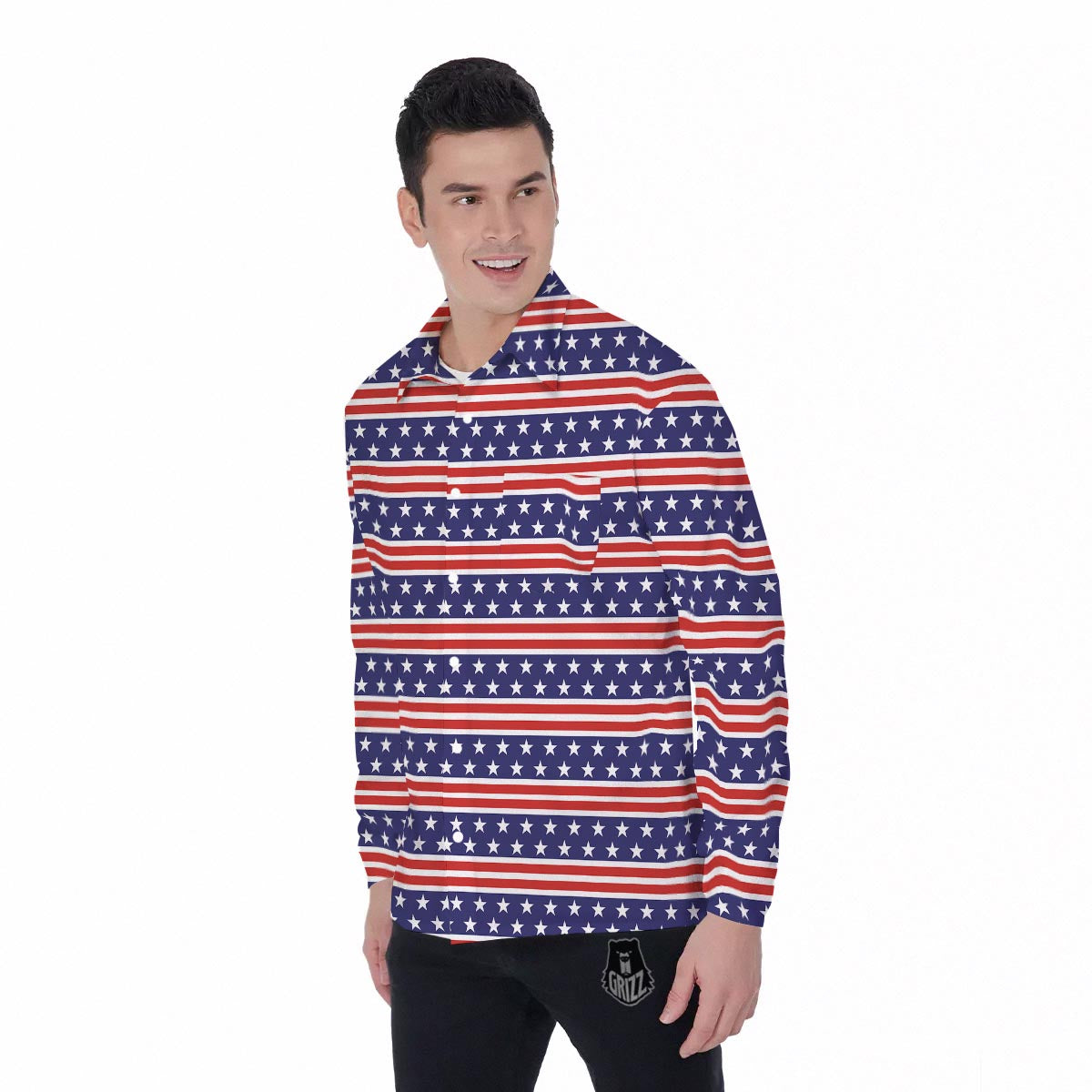 USA Star Red Striped Print Pattern Men's Long Sleeve Shirts-grizzshop