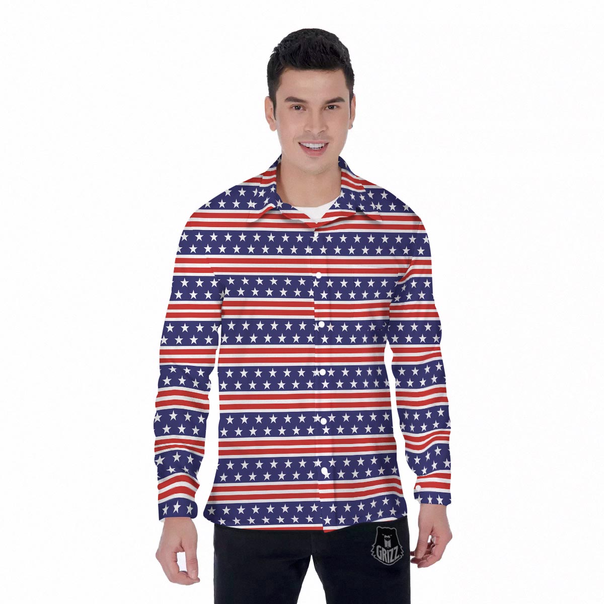 USA Star Red Striped Print Pattern Men's Long Sleeve Shirts-grizzshop