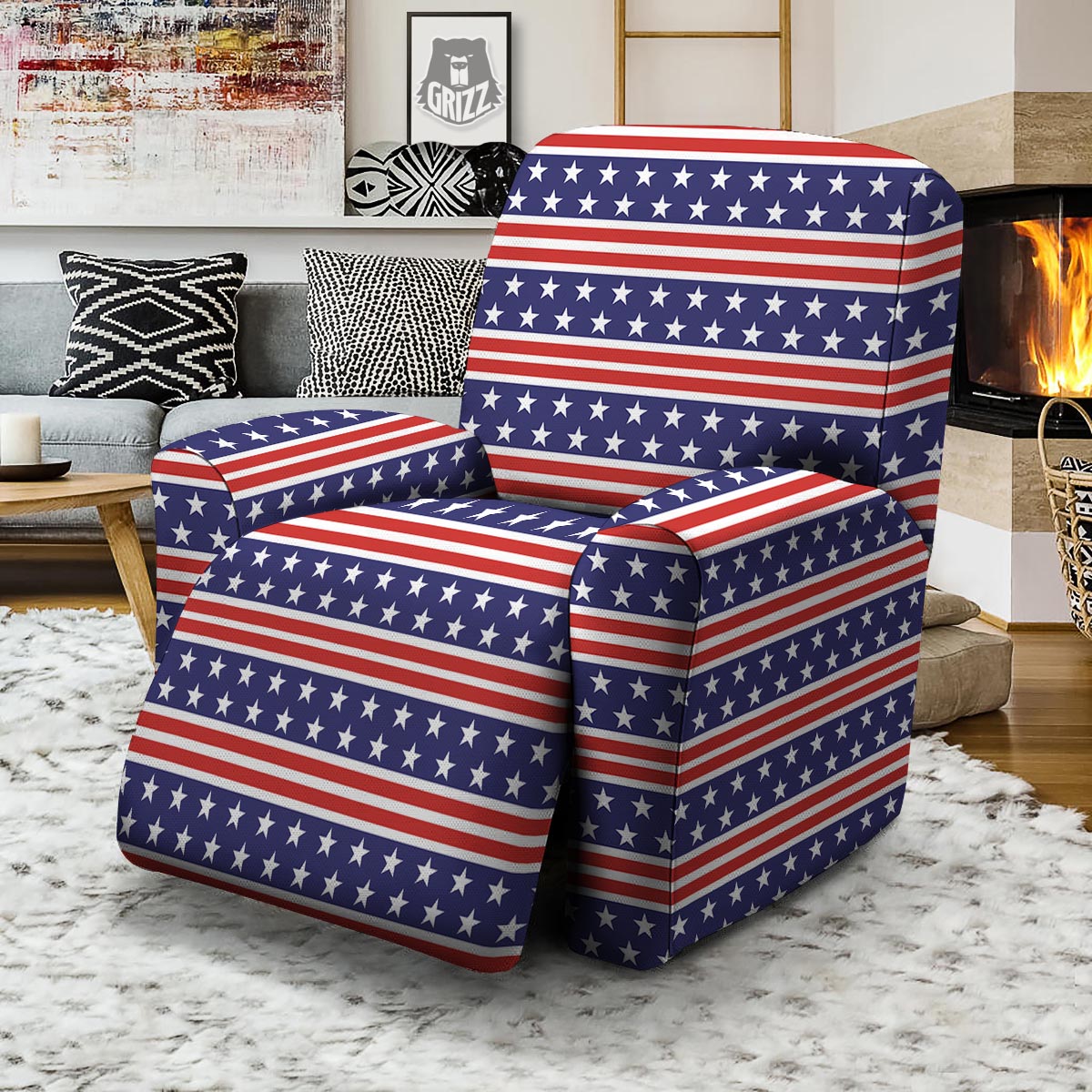 USA Star Red Striped Print Pattern Recliner Slipcover-grizzshop