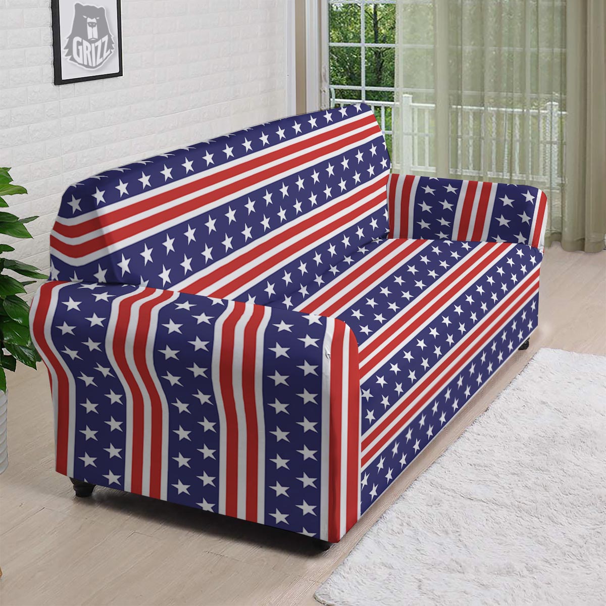 USA Star Red Striped Print Pattern Sofa Cover-grizzshop