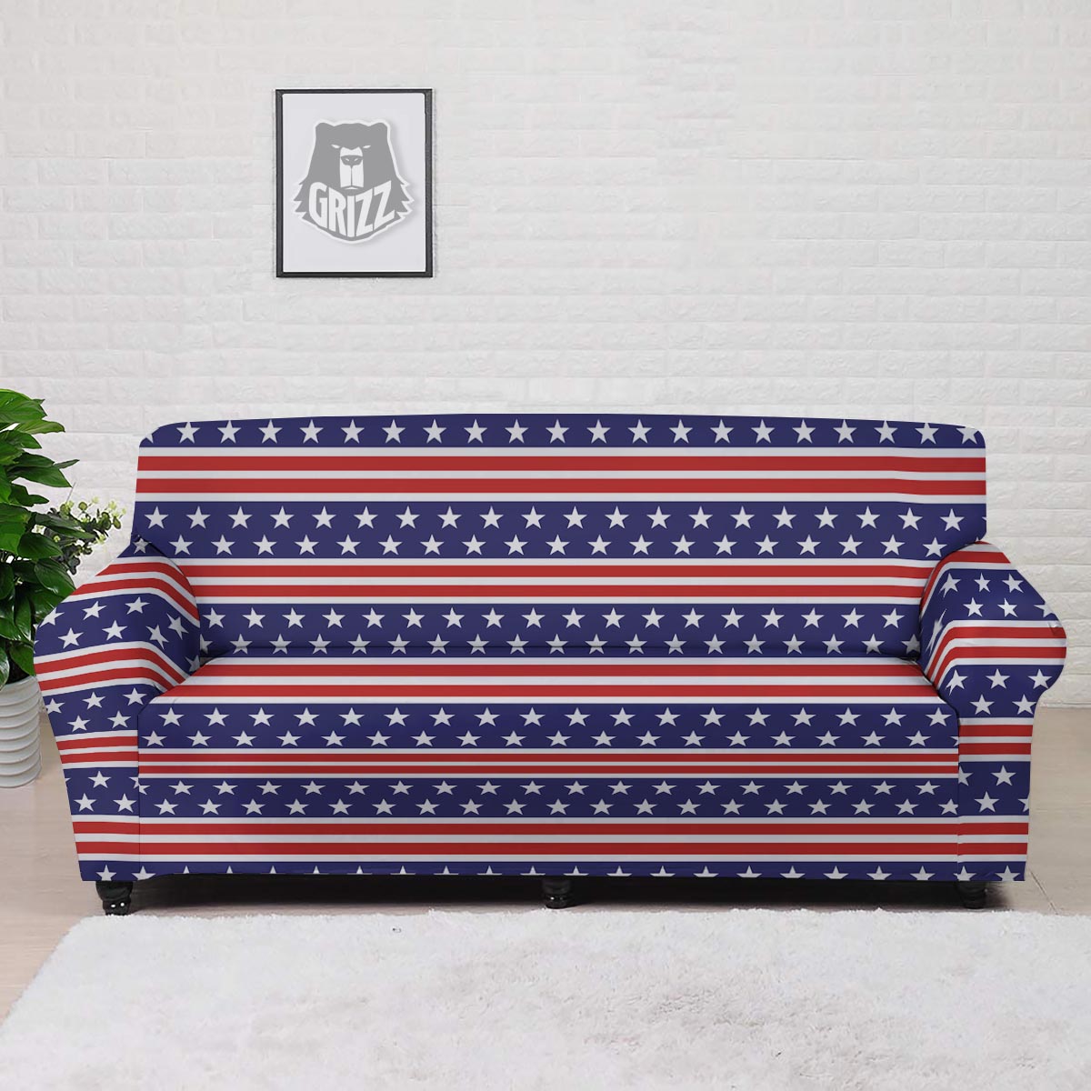 USA Star Red Striped Print Pattern Sofa Cover-grizzshop