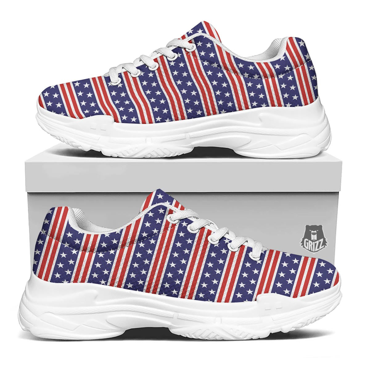 USA Star Red Striped Print Pattern White Chunky Shoes-grizzshop