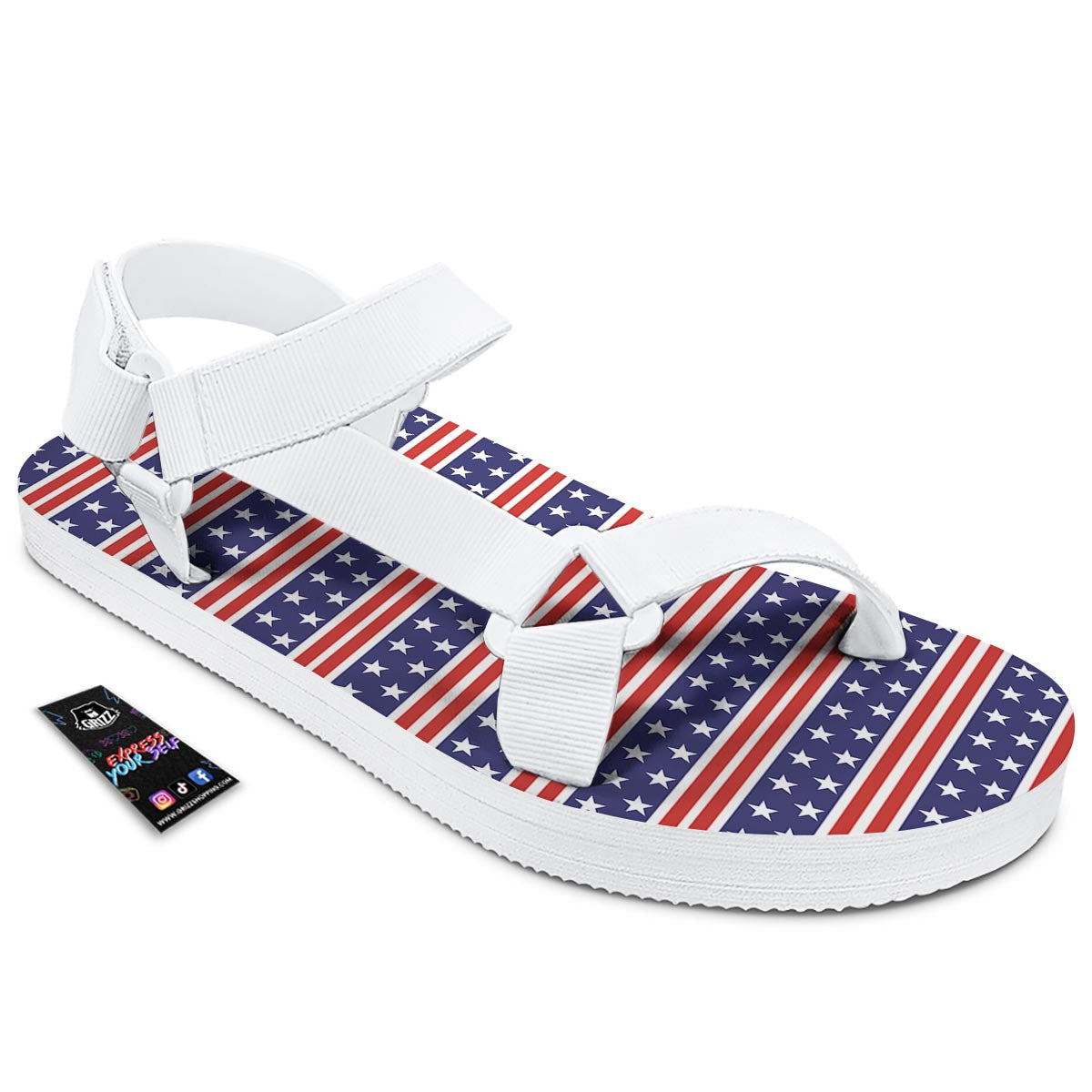 USA Star Red Striped Print Pattern White Open Toe Sandals-grizzshop