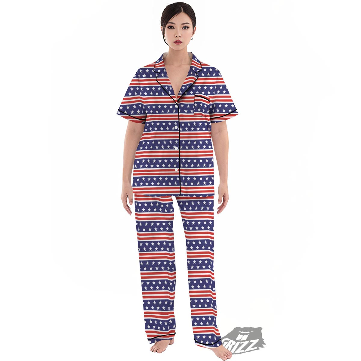 USA Star Red Striped Print Pattern Women's Pajamas Set-grizzshop