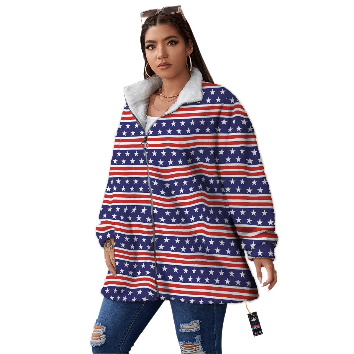 USA Star Red Striped Print Pattern Women's Sherpa Jacket-grizzshop