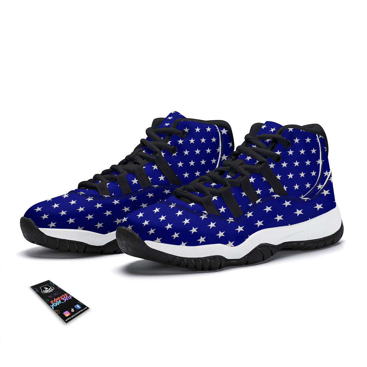 USA Star White And Blue Print Pattern Black Bball Shoes-grizzshop