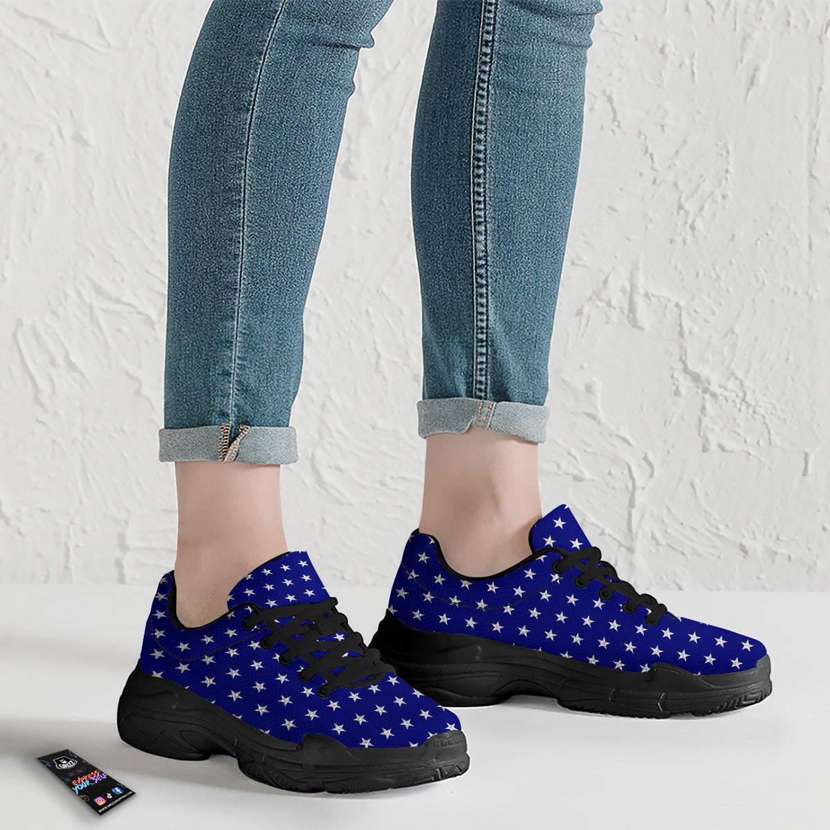 USA Star White And Blue Print Pattern Black Chunky Shoes-grizzshop