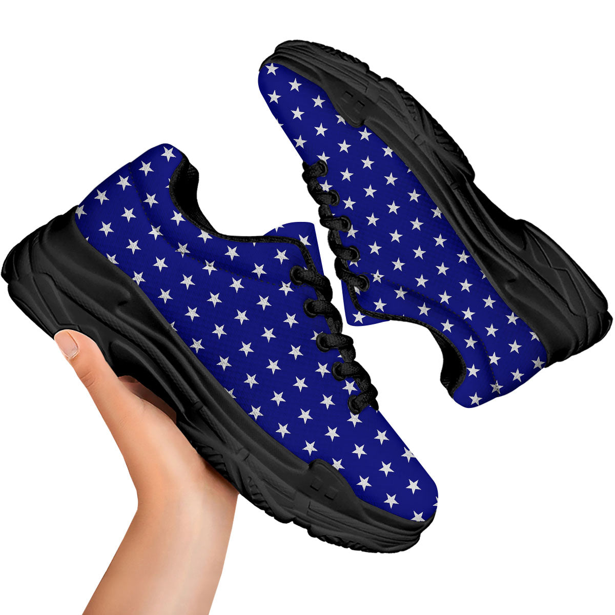 USA Star White And Blue Print Pattern Black Chunky Shoes-grizzshop