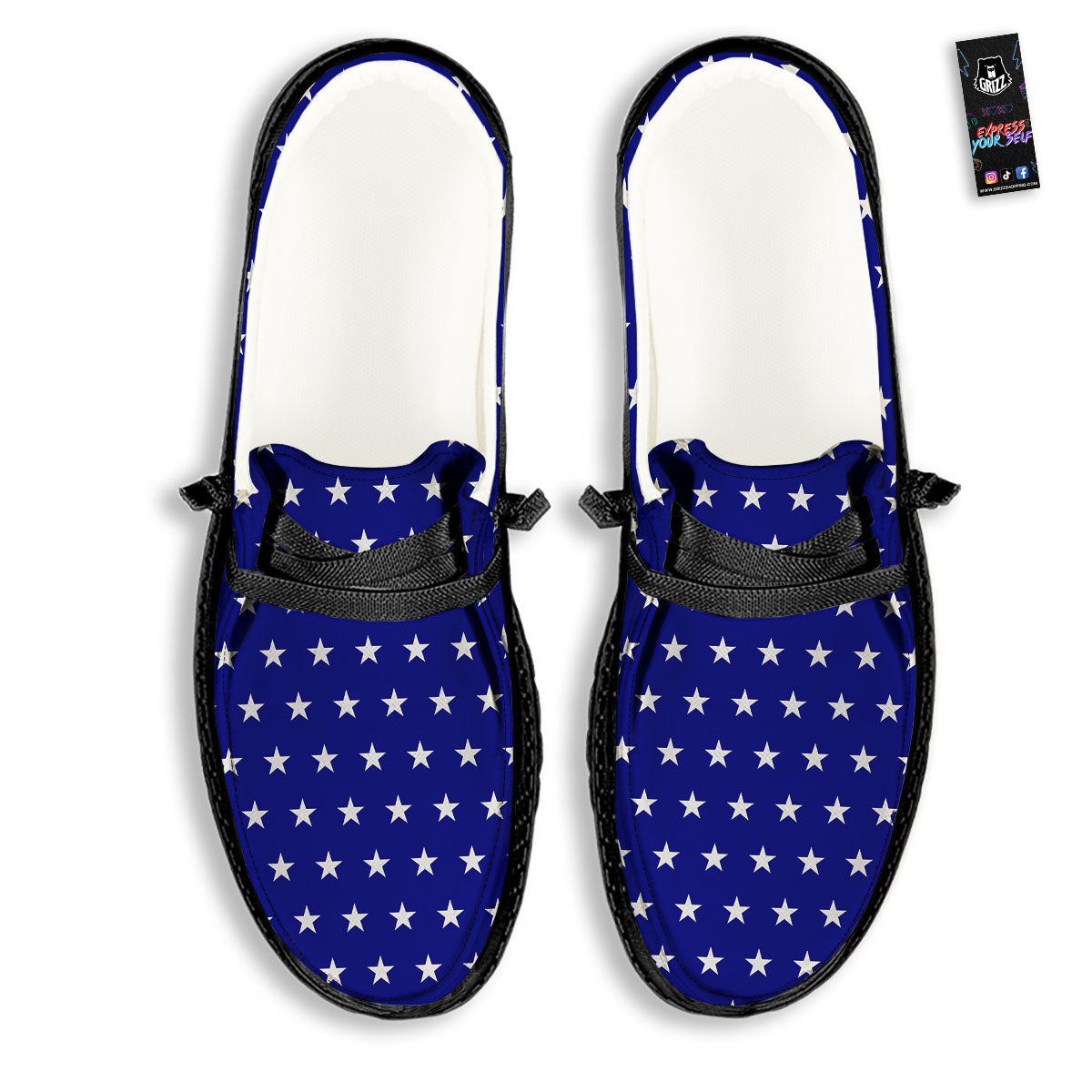 USA Star White And Blue Print Pattern Black Loafers-grizzshop