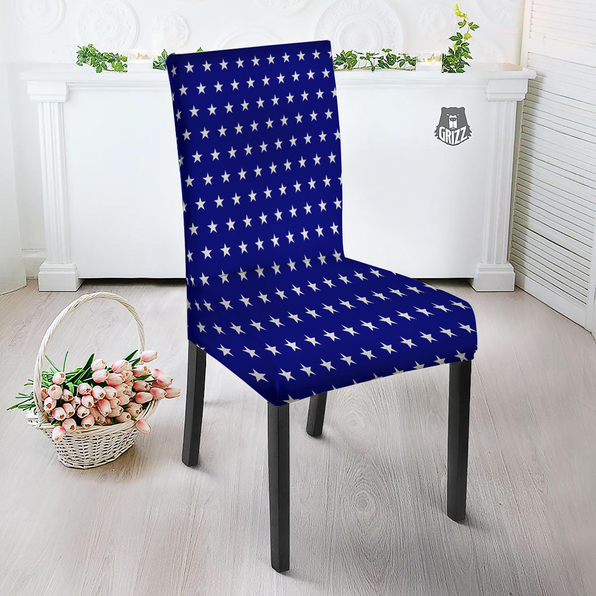 USA Star White And Blue Print Pattern Dining Chair Slipcover-grizzshop