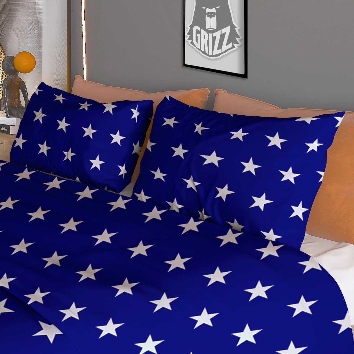 USA Star White And Blue Print Pattern Duvet Cover Bedding Set
