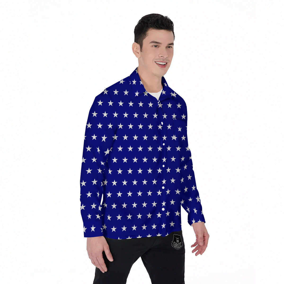 USA Star White And Blue Print Pattern Men's Long Sleeve Shirts-grizzshop