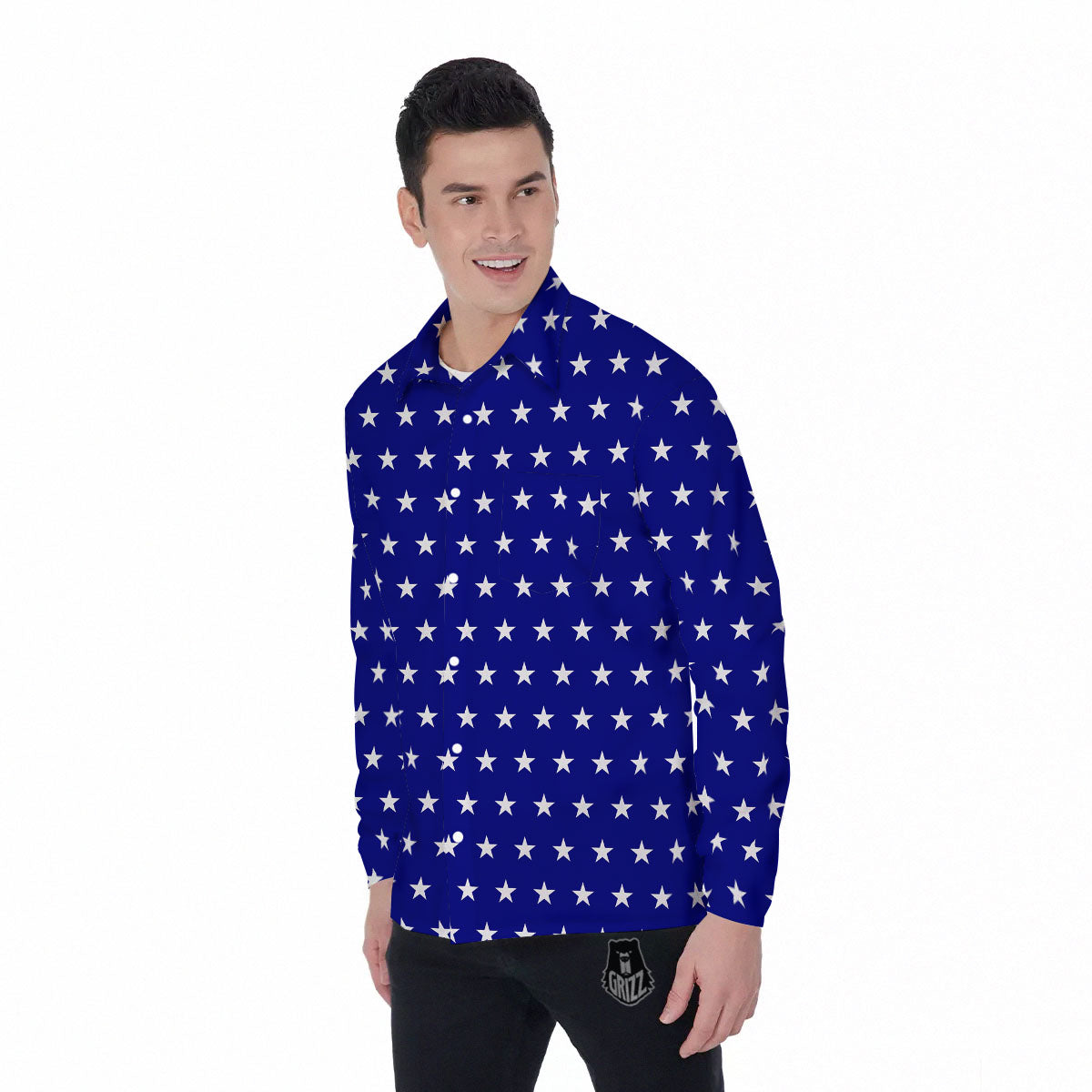 USA Star White And Blue Print Pattern Men's Long Sleeve Shirts-grizzshop