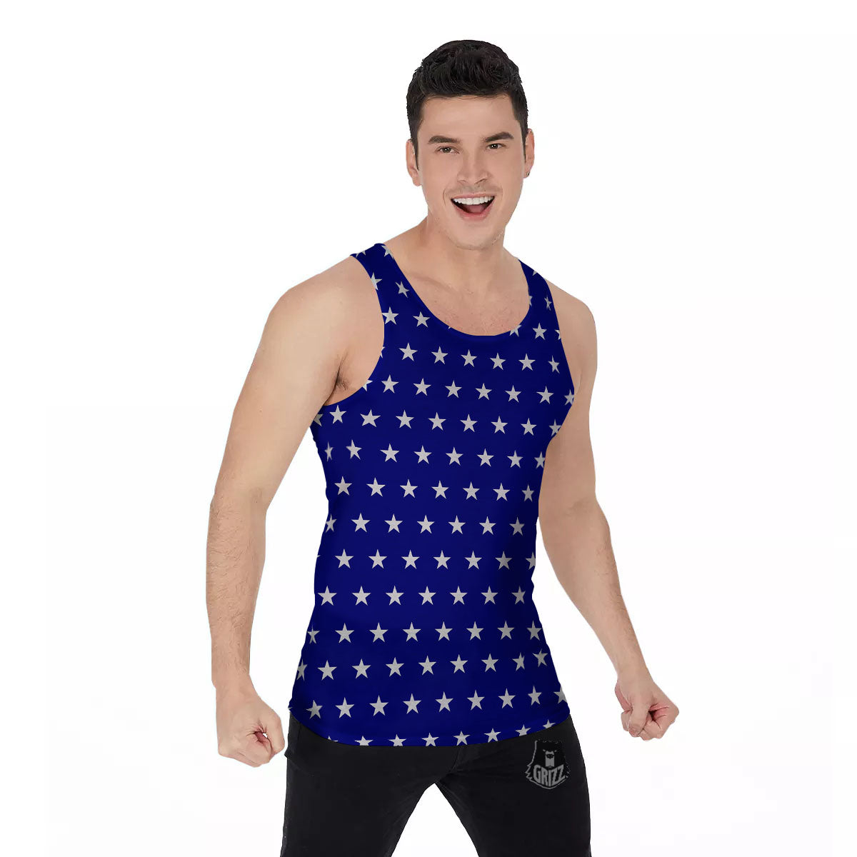 USA Star White And Blue Print Pattern Men's Tank Top-grizzshop