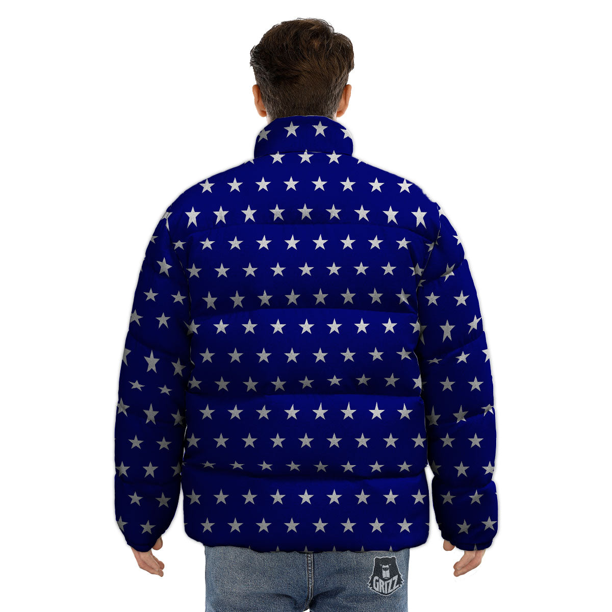 USA Star White And Blue Print Pattern Puffer Jacket-grizzshop