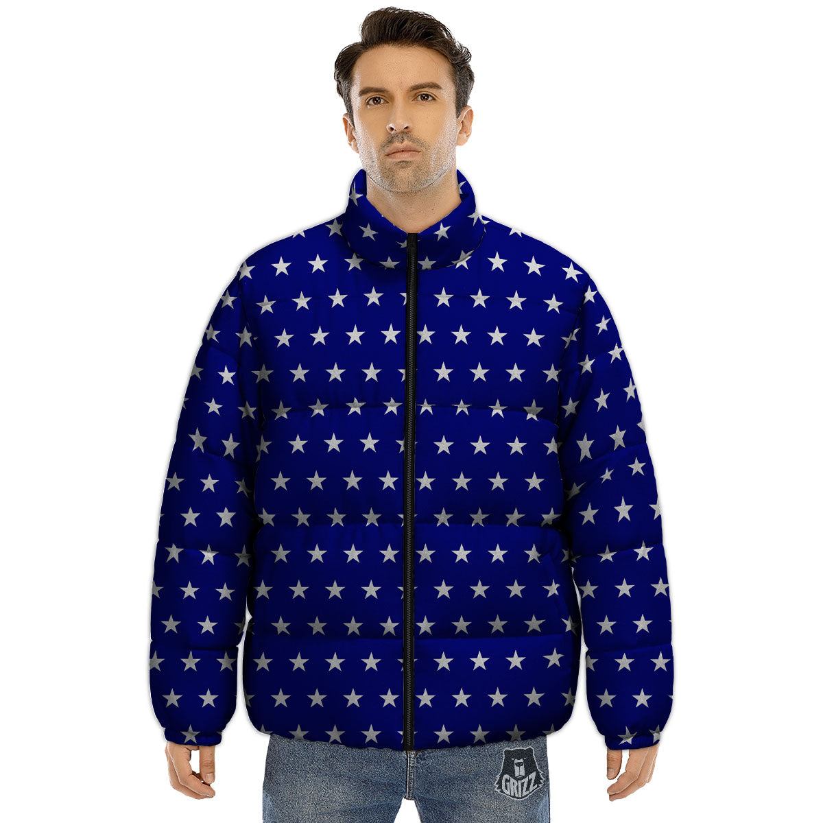 USA Star White And Blue Print Pattern Puffer Jacket-grizzshop