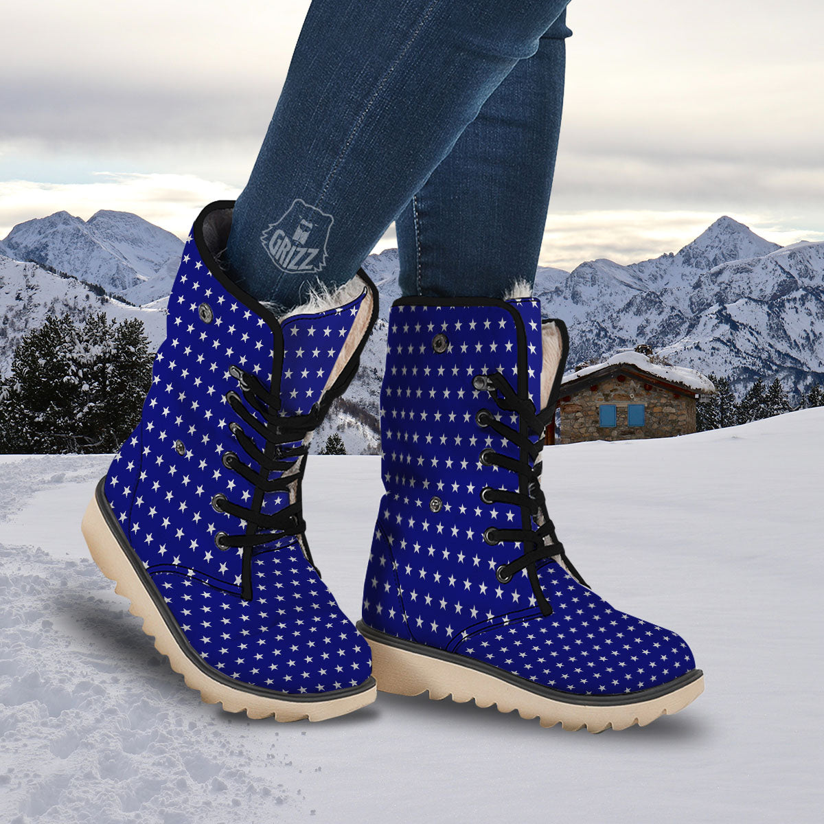 USA Star White And Blue Print Pattern Snow Boots-grizzshop