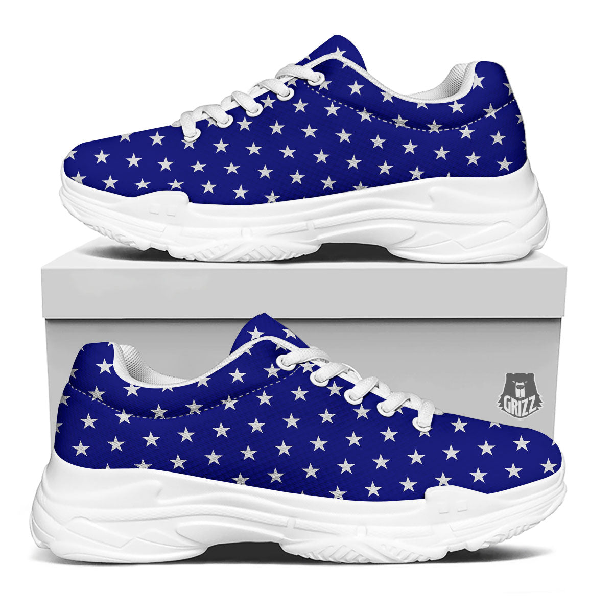 USA Star White And Blue Print Pattern White Chunky Shoes-grizzshop