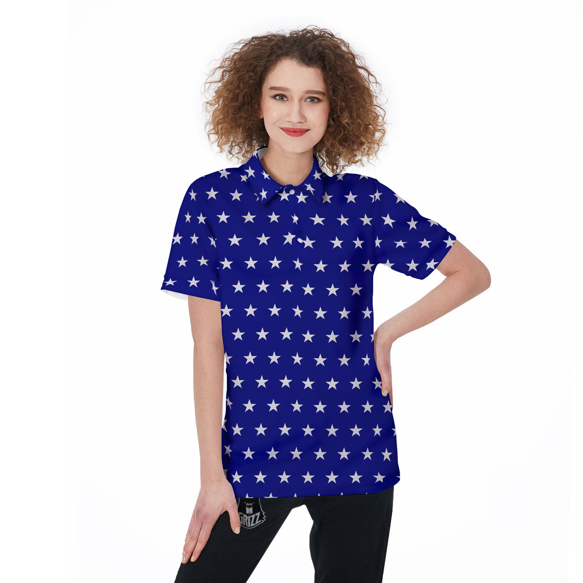 USA Star White And Blue Print Pattern Women's Golf Shirts-grizzshop