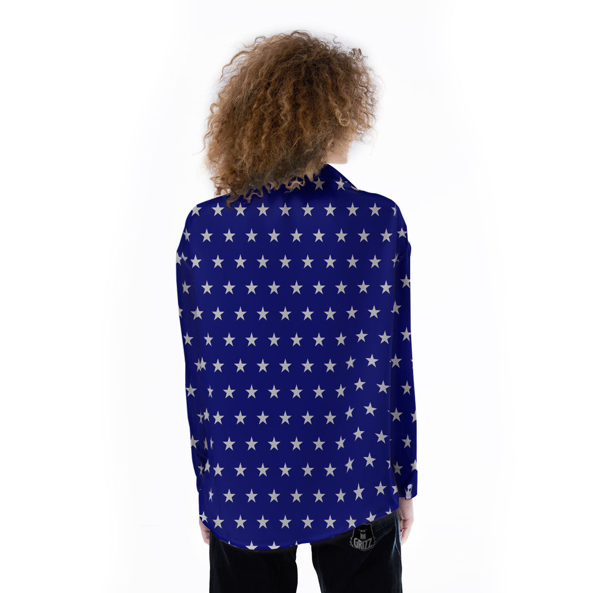 USA Star White And Blue Print Pattern Women's Long Sleeve Shirts-grizzshop