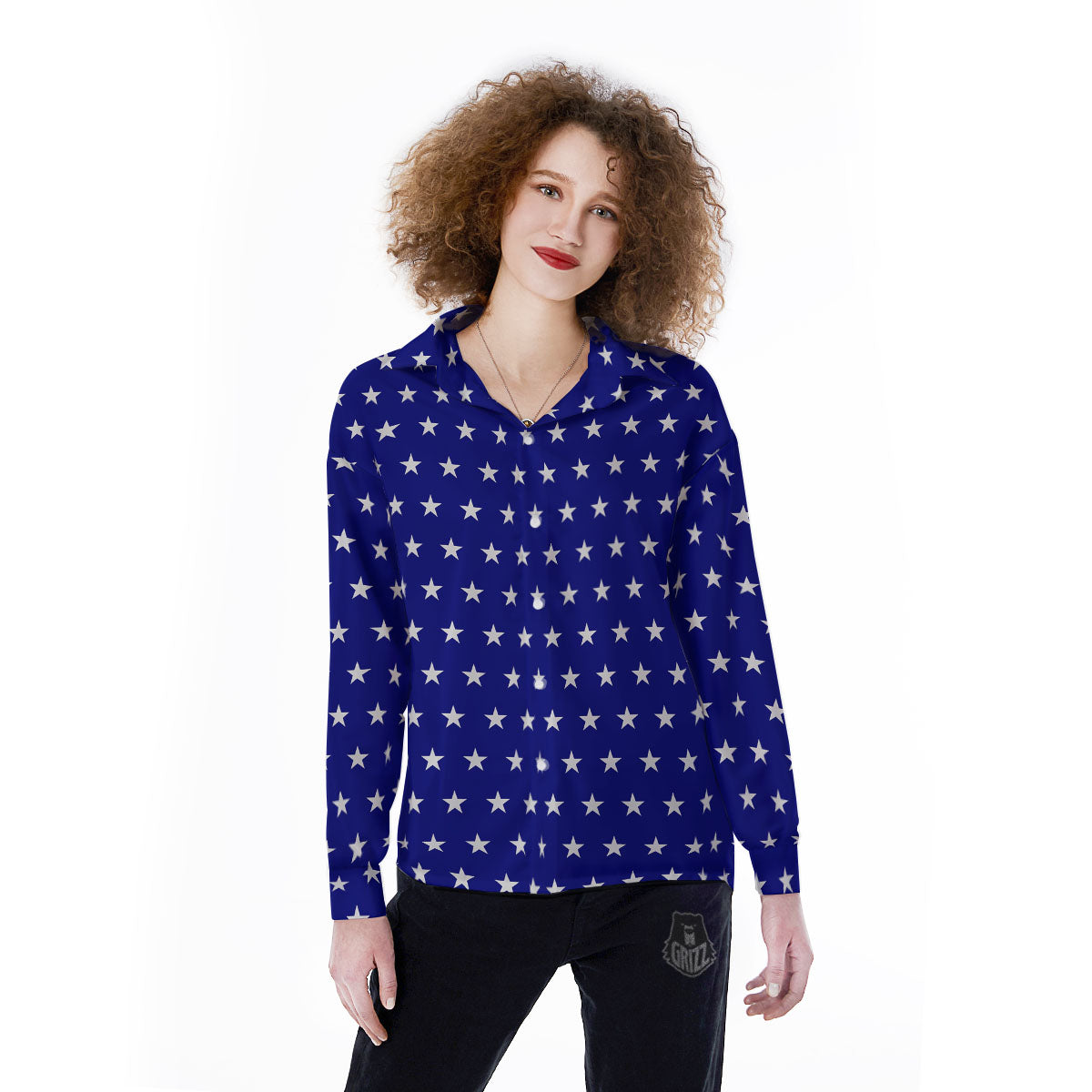 USA Star White And Blue Print Pattern Women's Long Sleeve Shirts-grizzshop