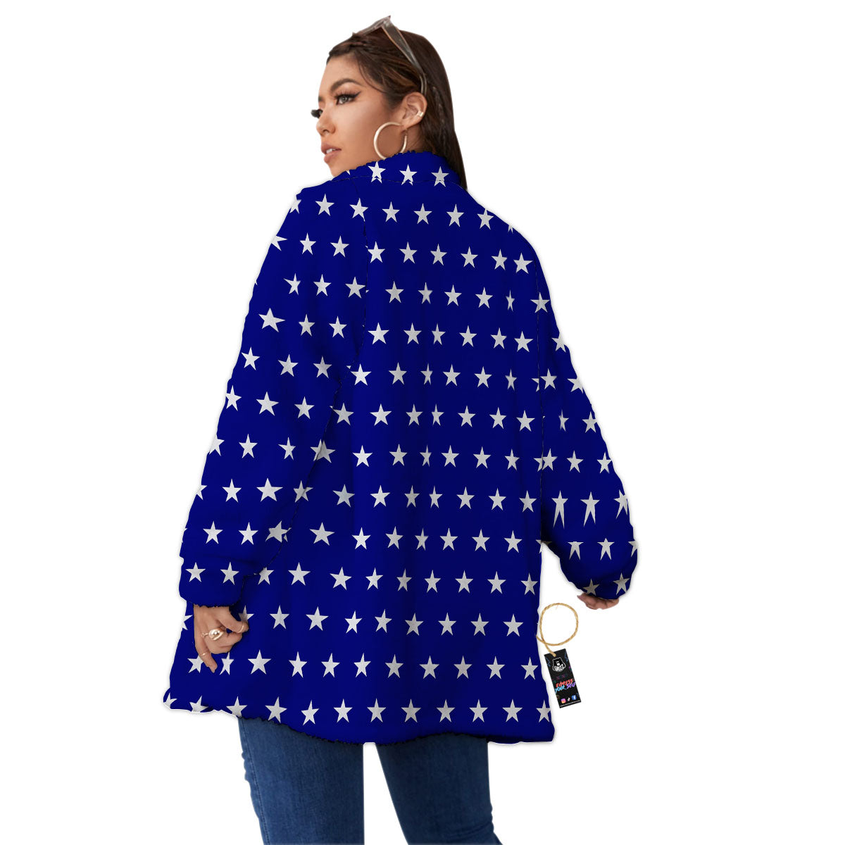 USA Star White And Blue Print Pattern Women's Sherpa Jacket-grizzshop