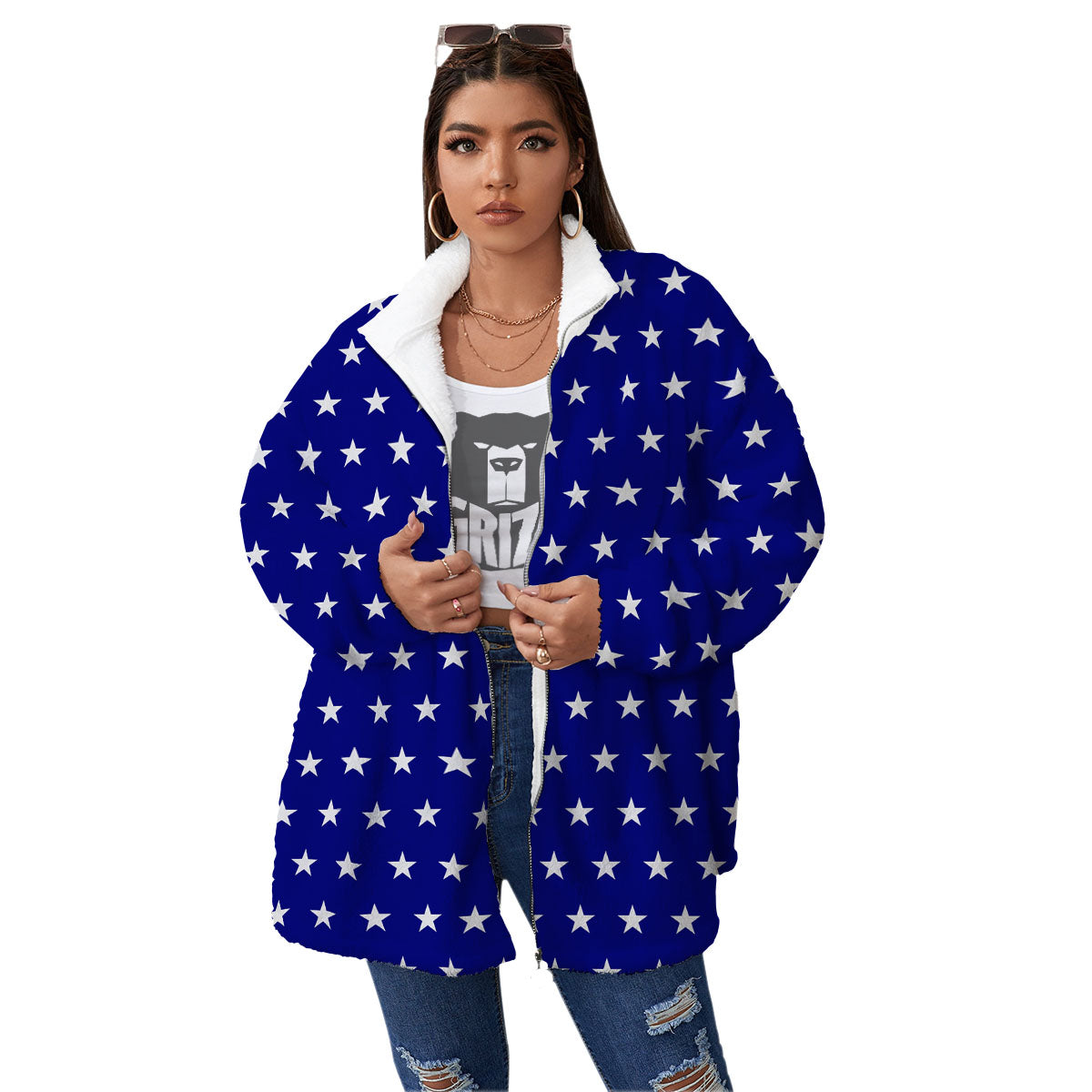 USA Star White And Blue Print Pattern Women's Sherpa Jacket-grizzshop