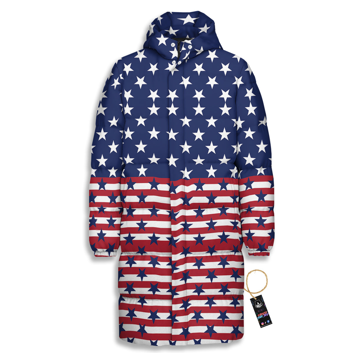 USA Blue And White Star Print Pattern Long Down Jacket