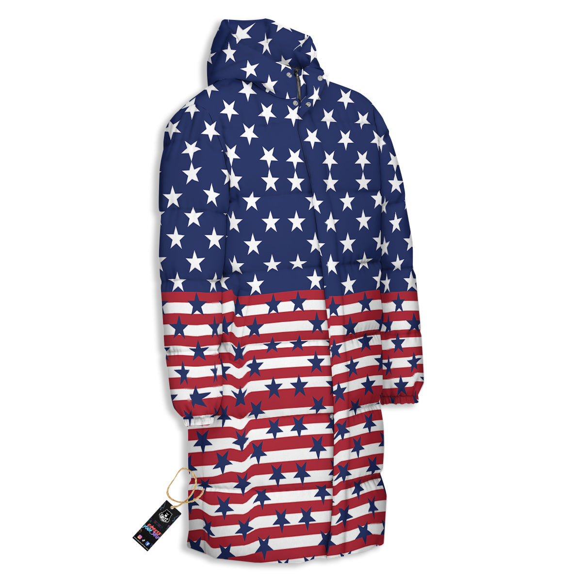 USA Blue And White Star Print Pattern Long Down Jacket