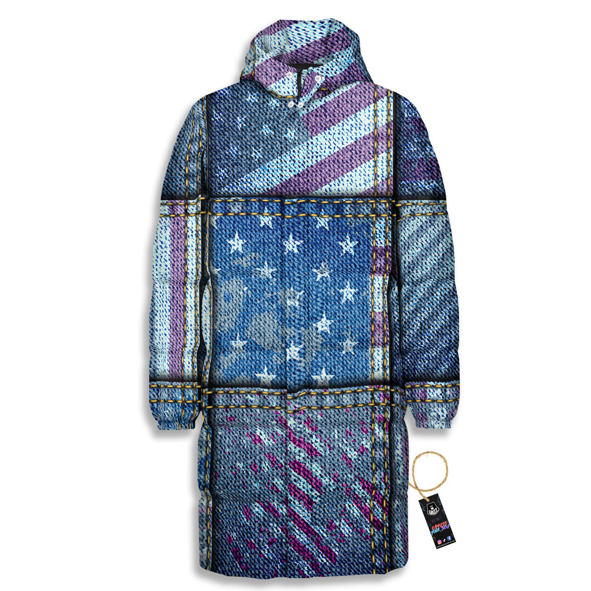 USA Denim Patchwork 4th of July Print Long Down Jacket