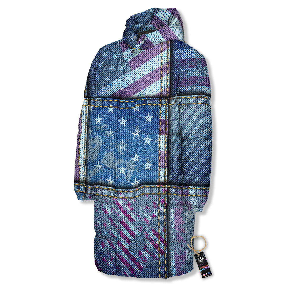 USA Denim Patchwork 4th of July Print Long Down Jacket