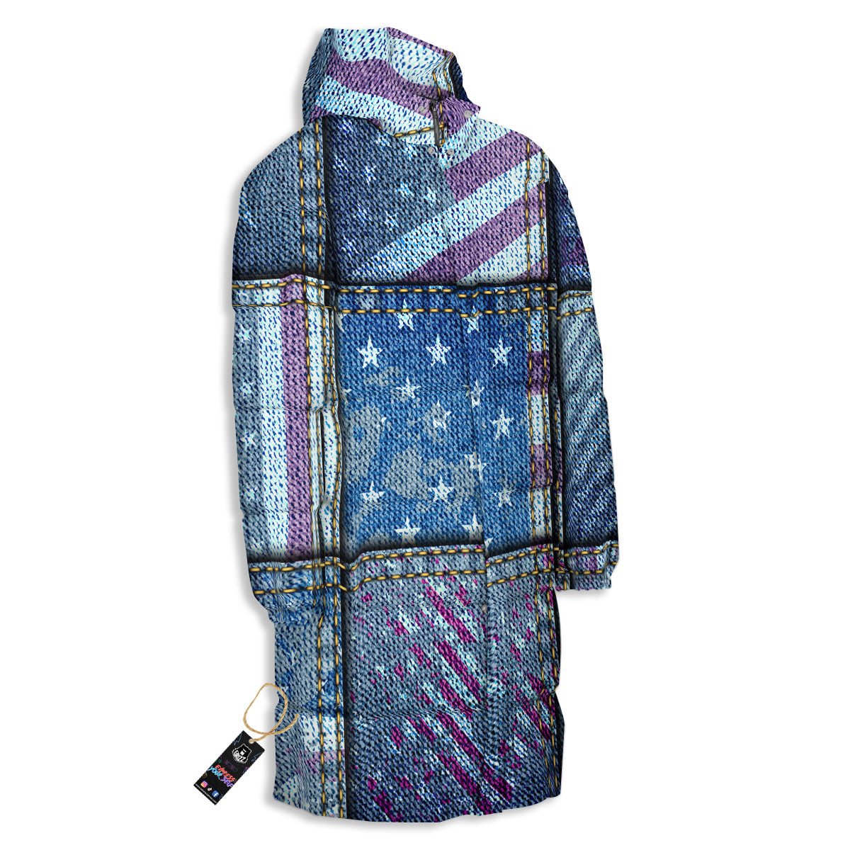 USA Denim Patchwork 4th of July Print Long Down Jacket