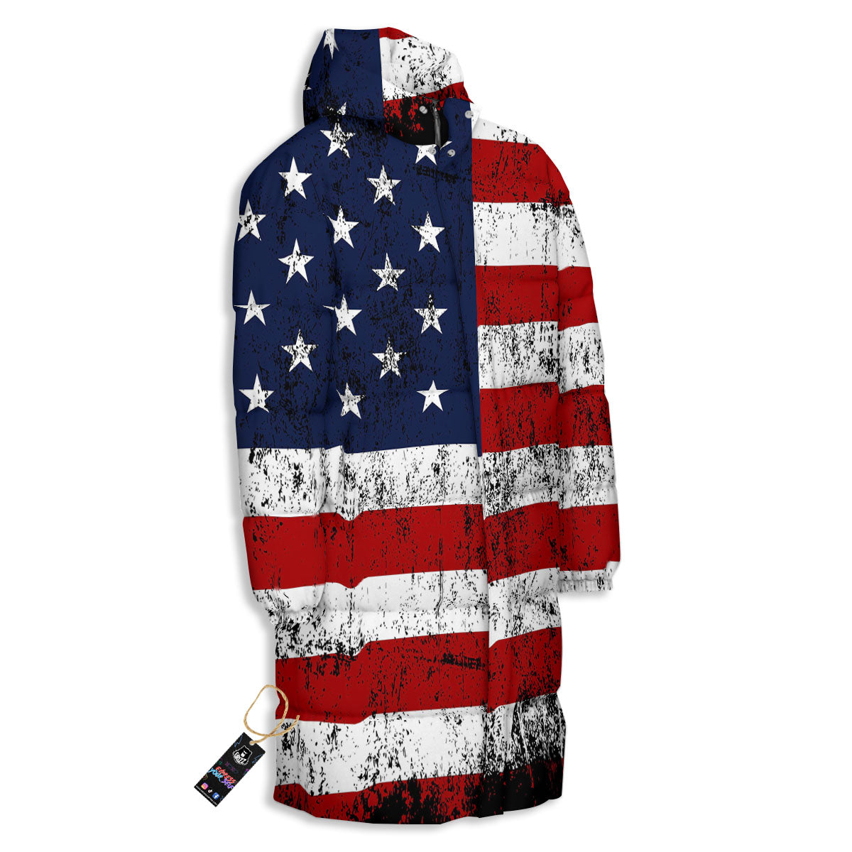 USA Flag Grunge Print Long Down Jacket-grizzshop