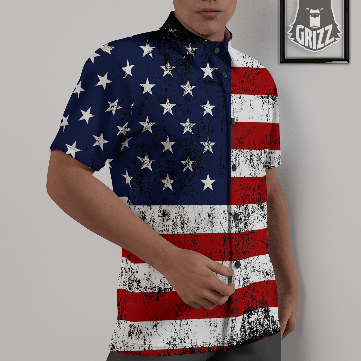 USA Flag Grunge Print Untucked Shirts-grizzshop