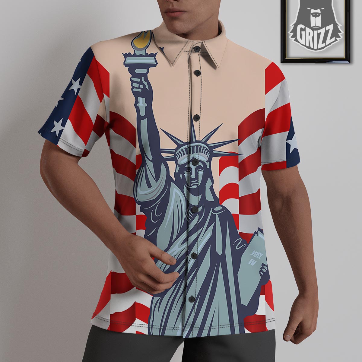 USA Flag Statue of Liberty Print Untucked Shirts-grizzshop