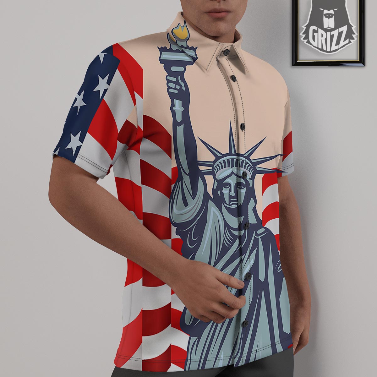 USA Flag Statue of Liberty Print Untucked Shirts-grizzshop