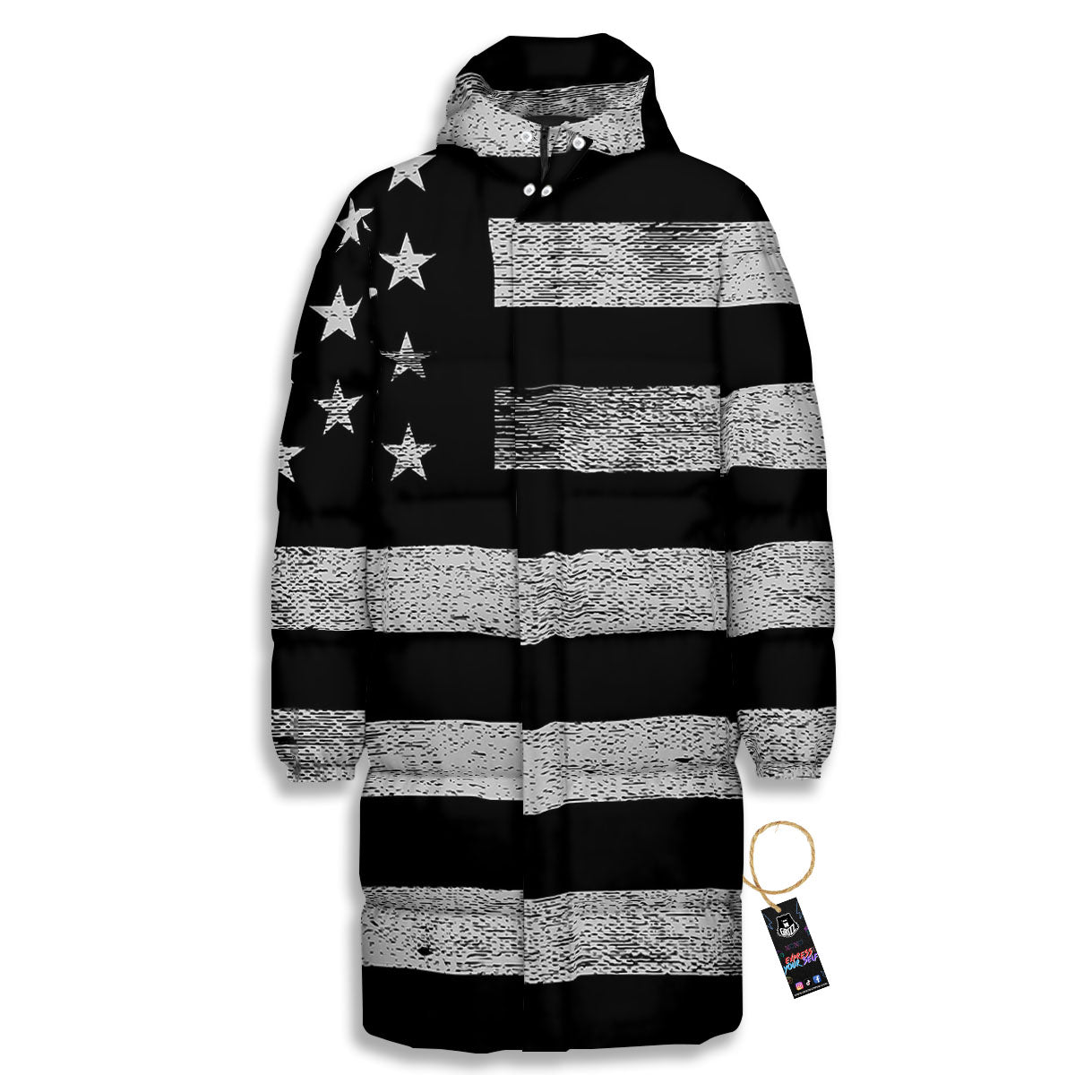 USA Flag White And Black Print Long Down Jacket