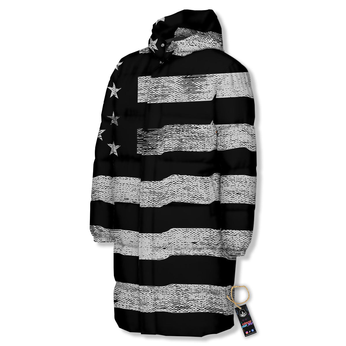 USA Flag White And Black Print Long Down Jacket