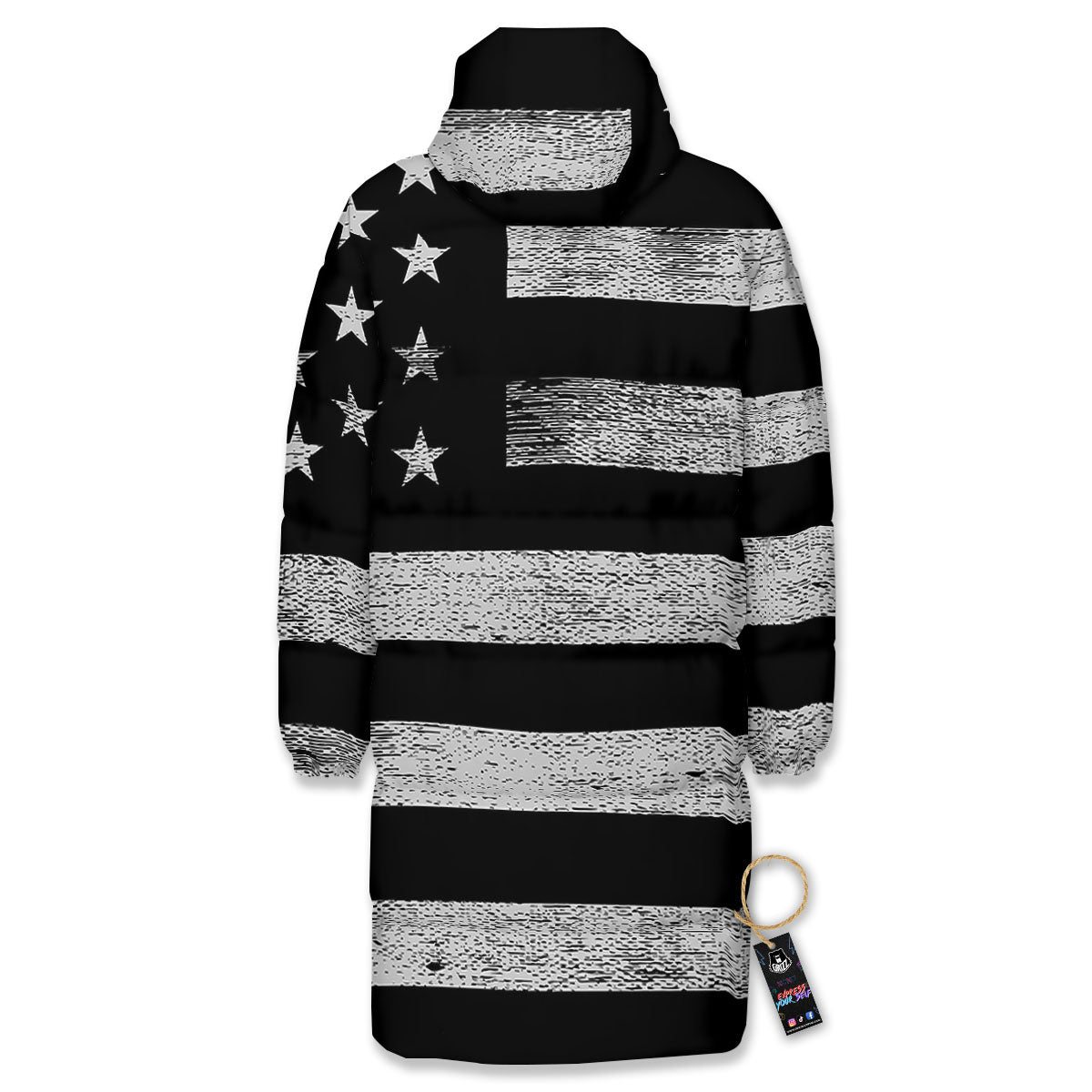 USA Flag White And Black Print Long Down Jacket