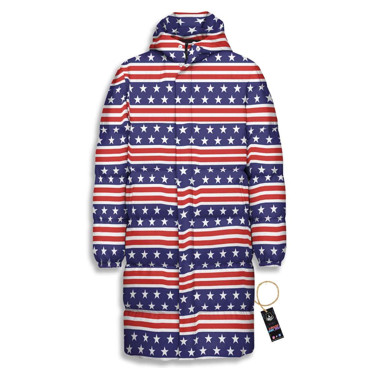 USA Star Red Striped Print Pattern Long Down Jacket
