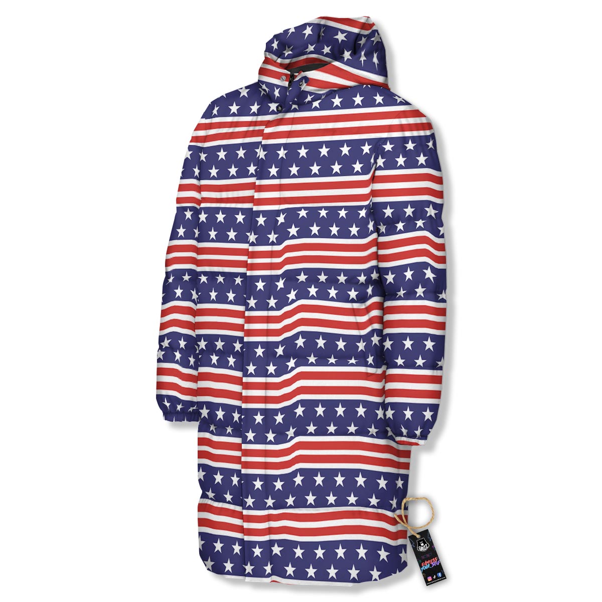 USA Star Red Striped Print Pattern Long Down Jacket