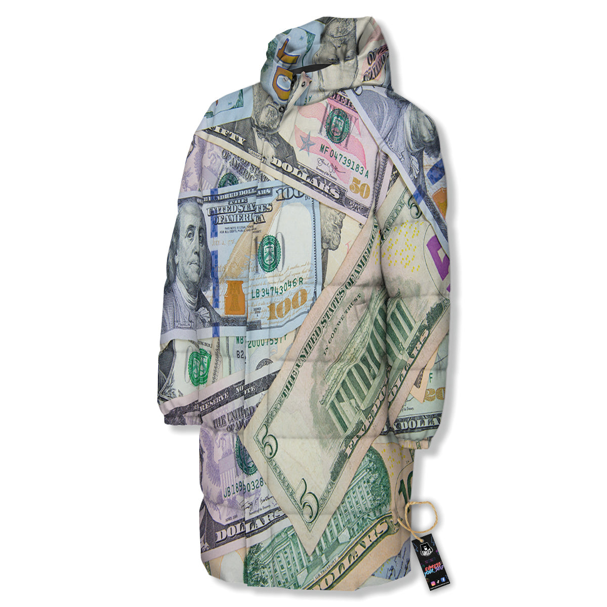 US Dollar Print Long Down Jacket