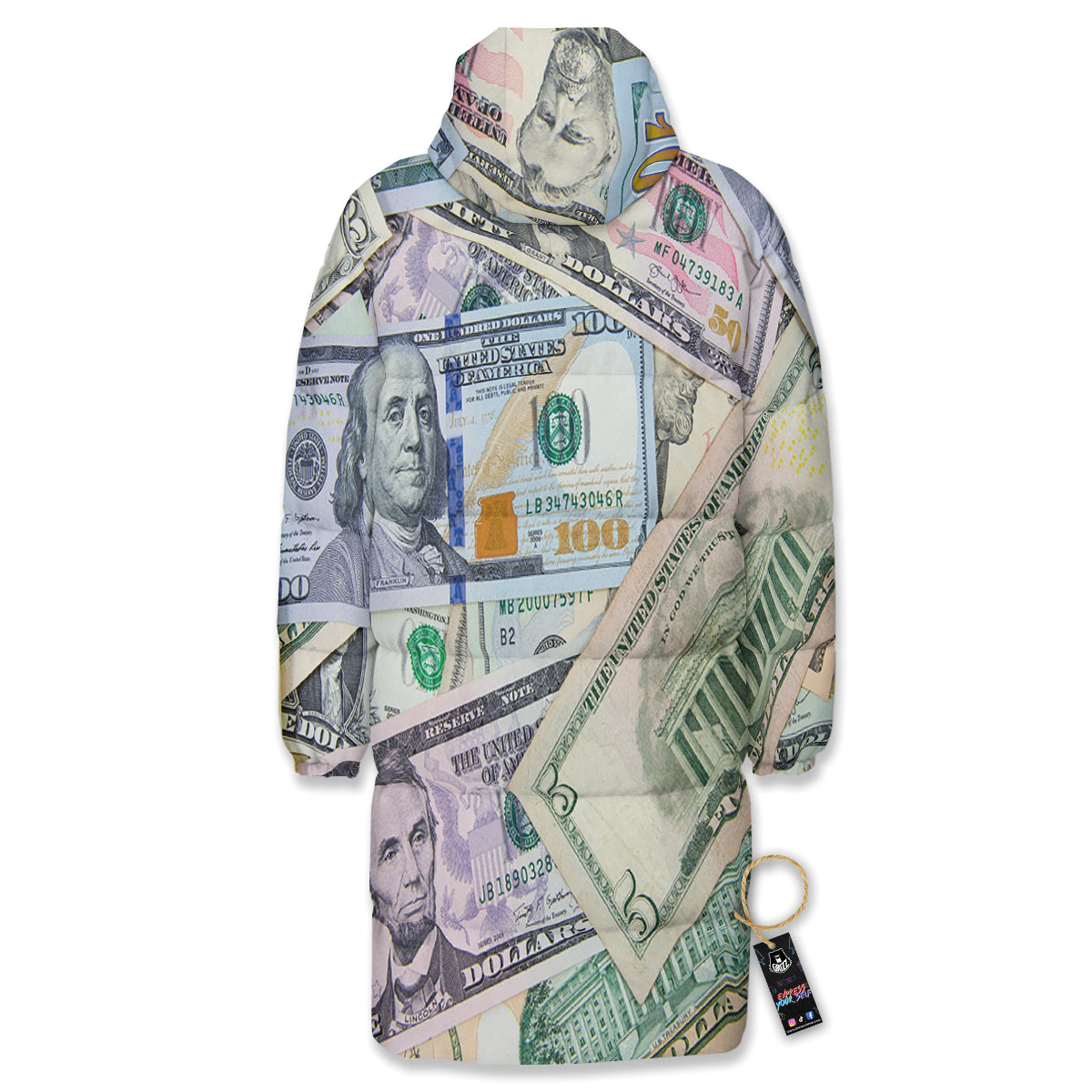 US Dollar Print Long Down Jacket